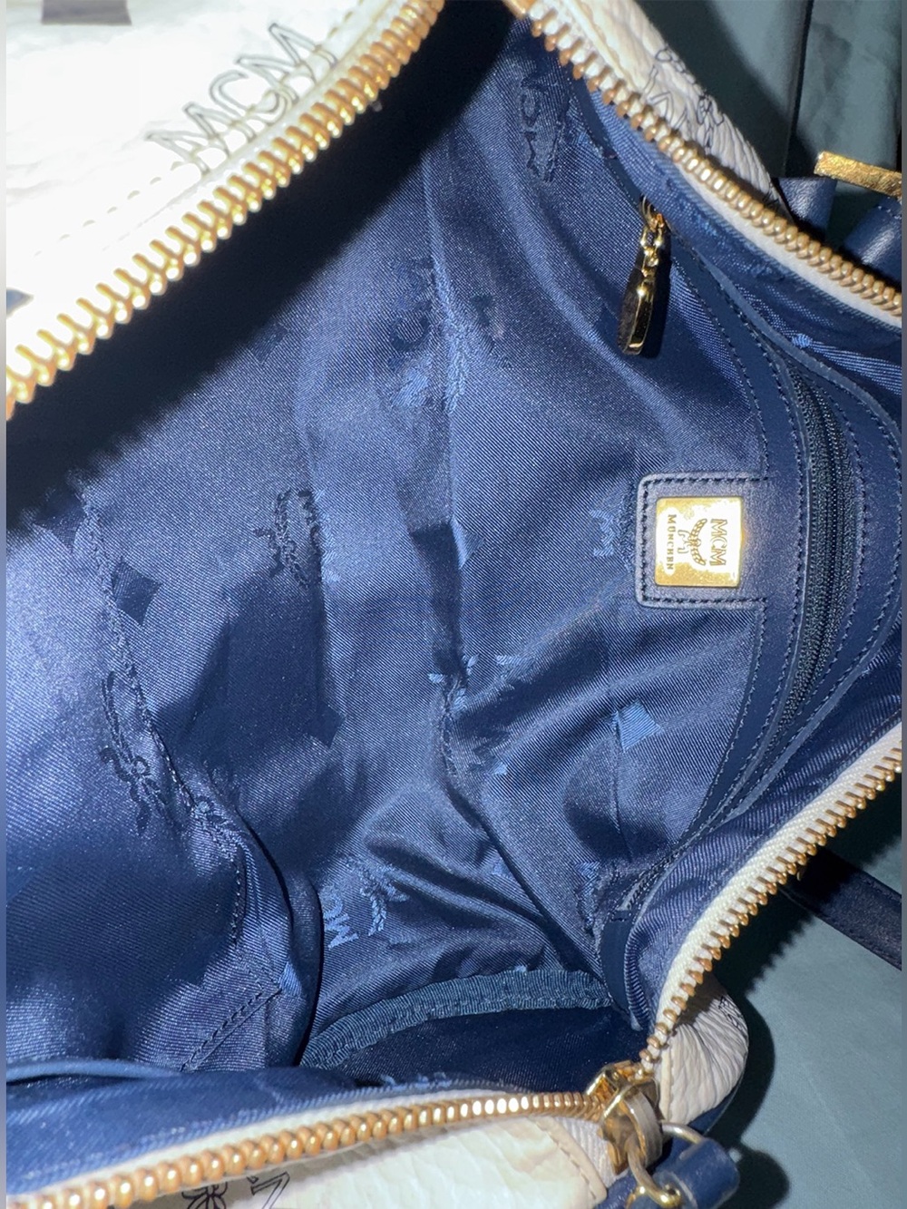 MCM Authentic White&Navy Visetos Logo Barrel Bag Navy Straps&Gold Tone Hardware - Picture 8 of 13